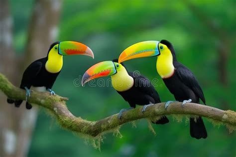 Two Keel Billed Toucans Sitting On A Branch In Costa Rican Forest Stock