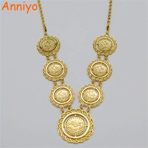 Anniyo Long Coin Necklace For Women Islam Muslim Arab Coins Jewelry