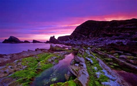 Purple Sunset On Rocky Shore Wallpapers