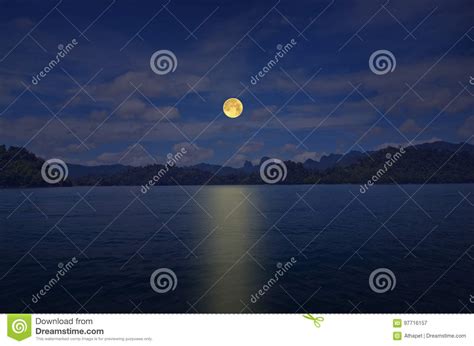 Romantic Full Moon Night Over Peace Lake Stock Image Image Of Forest