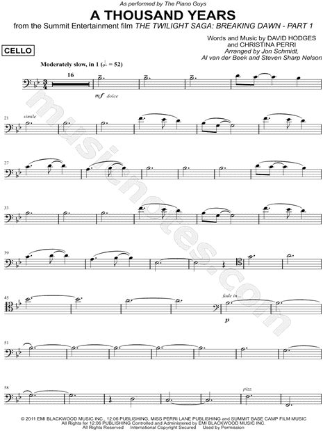 The Piano Guys A Thousand Years Cello Part Sheet Music Cello Solo