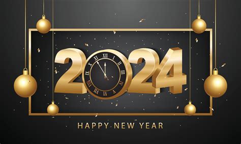 Happy New Year 2024 3d Gold Numbers With Golden Christmas Decoration And Confetti On Dark Background Holiday Greeting Card Design Vector 