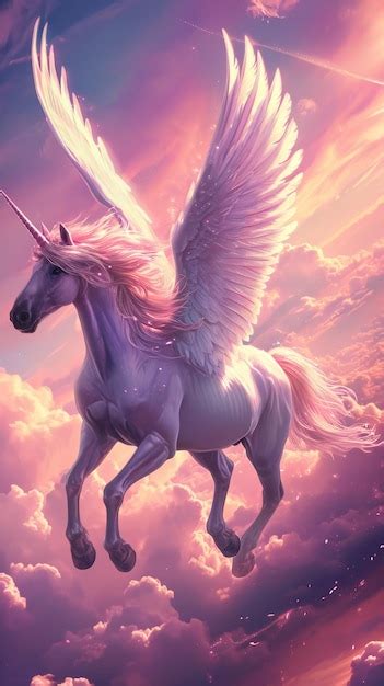 Premium Ai Image Majestic White Unicorn With Wings Soaring Across The Sky