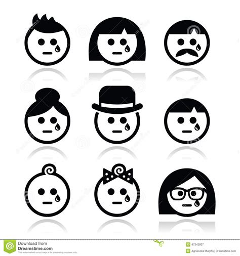 Crying People Faces Man Woman Baby Icons Set Stock