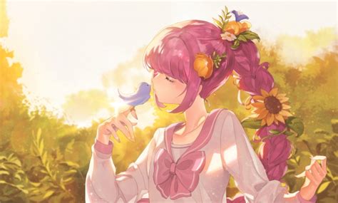 Wallpaper Anime Girl Pink Hair Braid Bird Flowers