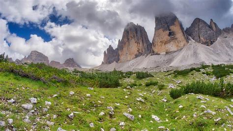 Three Peaks Of Lavaredo In Summer Season Italian Dolomites Stock Image