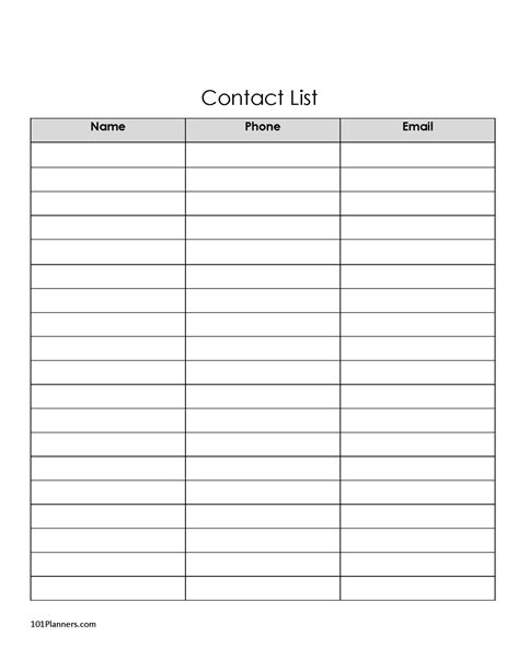 Printable Contact List Template