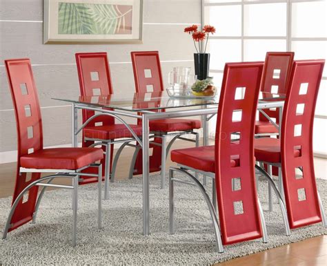This dining set is composed of a table, 2 chairs, and a bench. Glass Table Top & Metal Base Modern 7Pc Dining Set w/Red ...