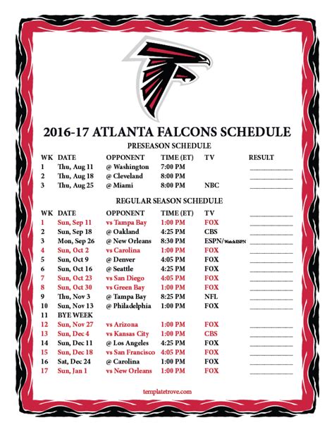 Printable 2016 2017 Atlanta Falcons Schedule