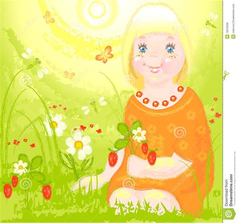 Little Girl On A Sunny Day In The Meadow Stock Vector Illustration Of