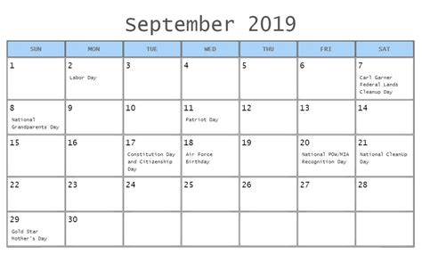 September 2019 Holidays Calendar Template Holiday Calendar Calendar