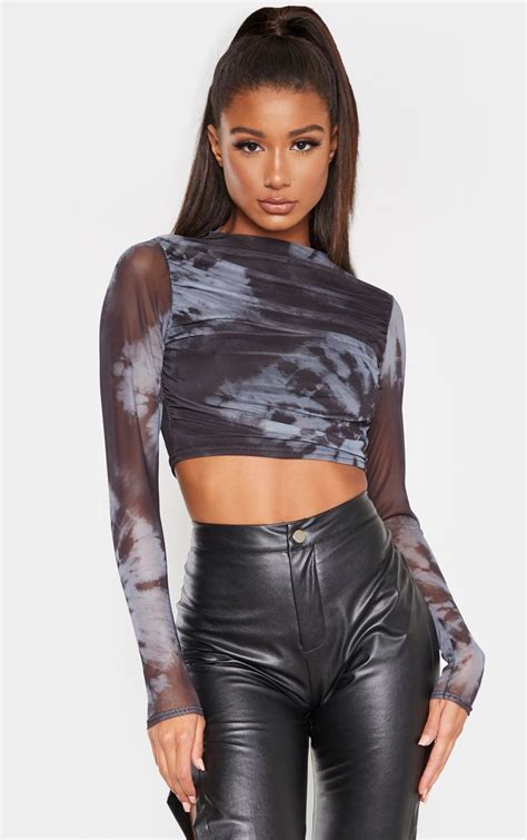Black Tie Dye Mesh Ruched Front Crop Top Prettylittlething Ca