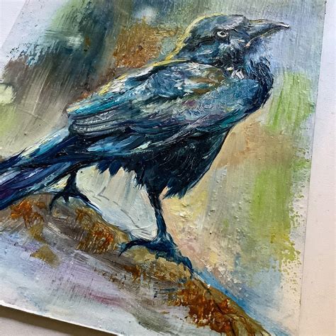 Crow Painting Black Crow Original Art Bird Oil Painting Etsy