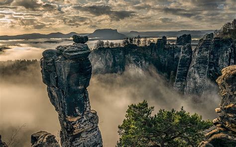 Switzerland Saxon National Park Fog Clouds Rocks Landscape Hd