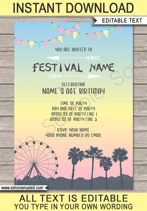 Coachella Themed Party Invitations Template Festival Invite