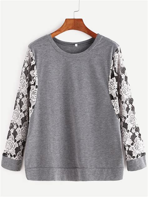 Shop Grey Contrast Flower Embroidered Lace Sleeve Sweatshirt Online