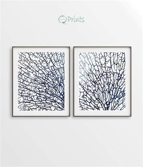 Sea Fan Coral Print Hampton Style Art Navy Blue Coral Ocean Sea Fan