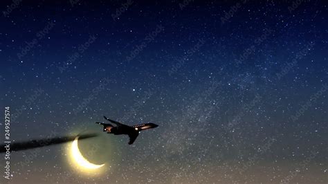 Business Jet Airplane Flying Across Moon On Beautiful Starry Night Sky