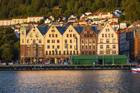 Bergen Norway Panoramic View Of Historic Bryggen District With