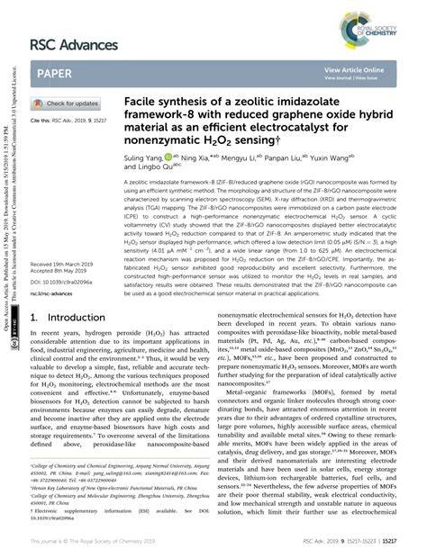 Pdf Facile Synthesis Of A Zeolitic Imidazolate Framework 8 With Reduced Graphene Oxide Hybrid