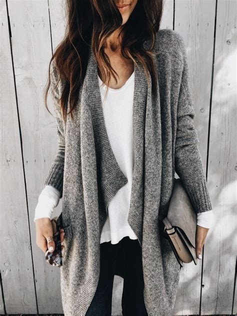 Gray Cardigan Over White Top And Black Jeans Fashion Perfect Winter Outfit Clothes