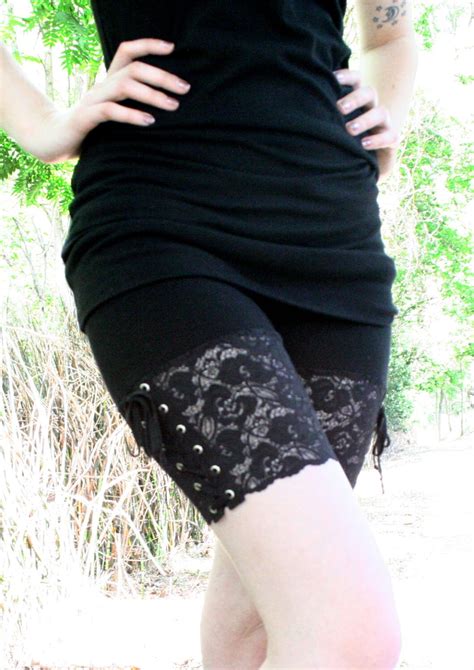 Black Lace Up Stretch Lace Shorts Plus Size High Waist Goth