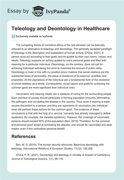 Teleology And Deontology In Healthcare 282 Words Coursework Example