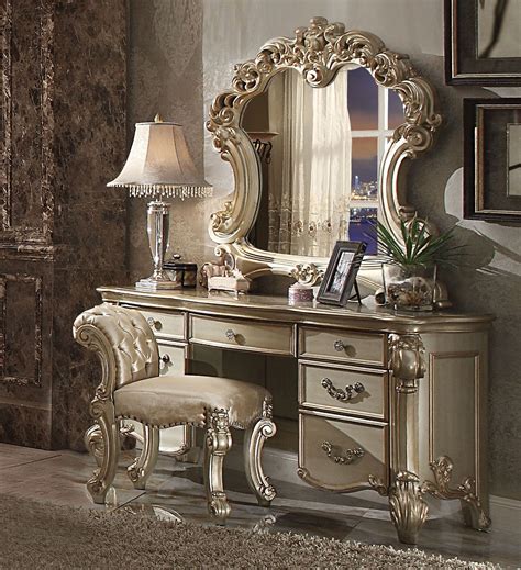 Vendome Pieces Gold Patina Dresser Vanity Set Stool Mirror