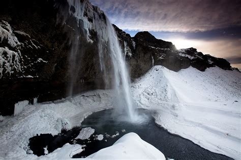Seljalandsfoss Waterfall In Winter Iceland Landscape Stock