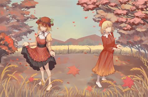 Safebooru 2girls Absurdres Aki Minoriko Aki Shizuha Apron Autumn Autumn Leaves Bangs Barefoot