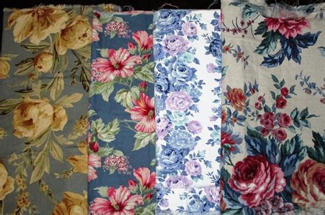 Group Of 4 Blue Floral Chintz Fabric Remnants Pieces For Bags