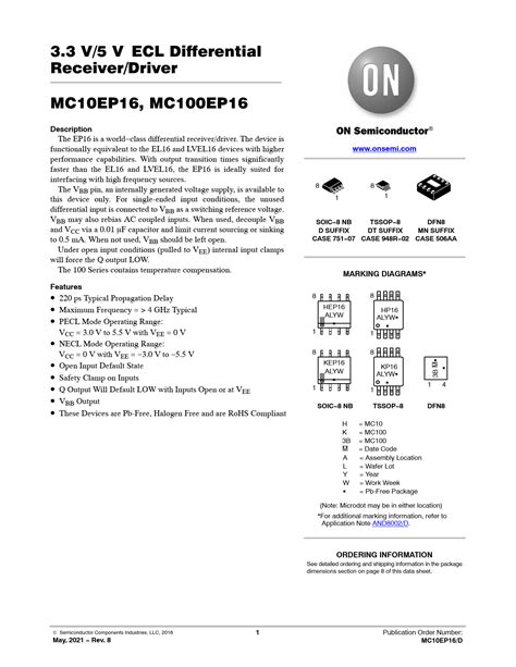Datasheet Mc10ep16 Mc100ep16 On Semiconductor Preview And Download
