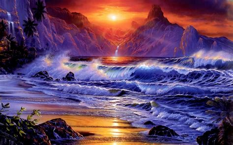 Sunset Ocean Waves Fantasy Art Artwork Wallpaper 1920x1200 18598
