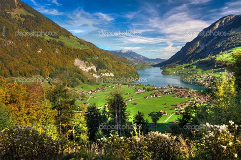 Lake Lungern Valley From Brunig Pass In Beautiful Autumn Weather