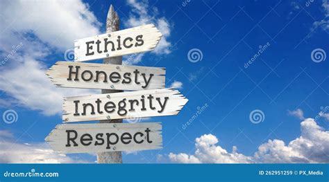 Ethics Honesty Integrity Respect Wooden Signpost With Four Arrows