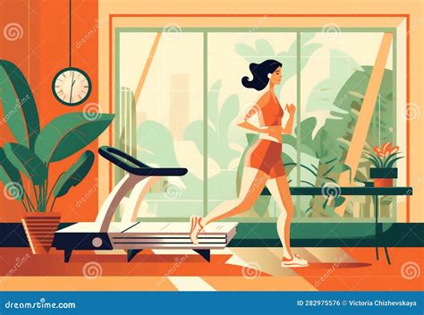 woman fitness boho treadmill exercise sport health indoor style run training fit generative ai