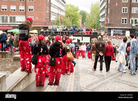 A Large Gathering Of Russ The Graduating Class In Oslo Norway In Front Of The City Hall On The