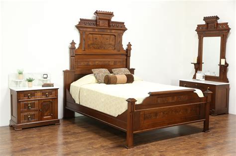 Victorian Eastlake Antique 1875 Walnut Queen Size 3 Pc Bedroom Set