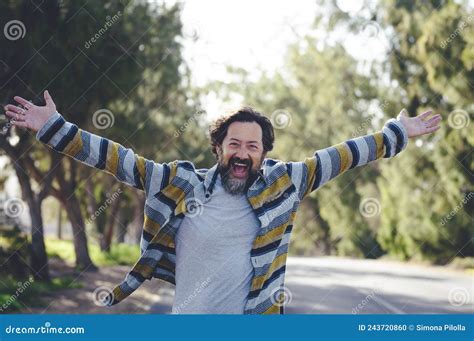 Crazy Overjoyed Adult Man With Arms Outstretched Smile And Laugh Alone In Banner Header Image