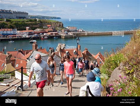 People Tourists Visitors Walking Up The 199 Steps From The Harbour In