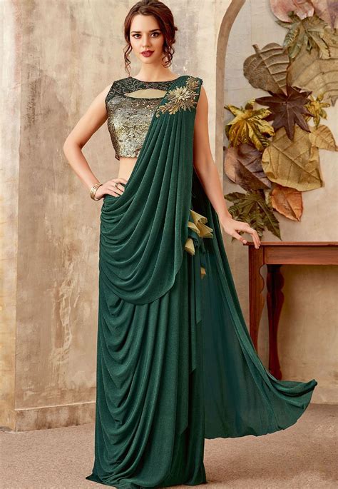 Buy Bottle Green Designer Party Wear Saree In Uk Usa And Canada