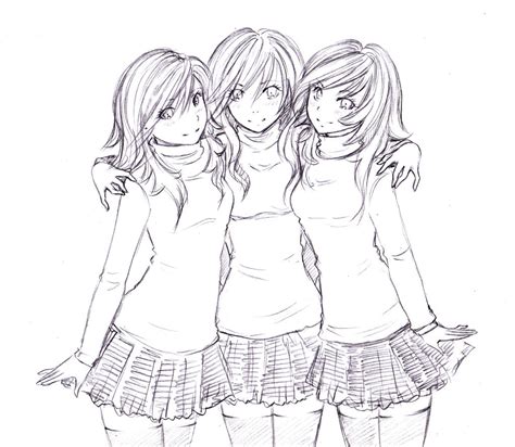 Anime Triplet Sisters Sketch Coloring Page
