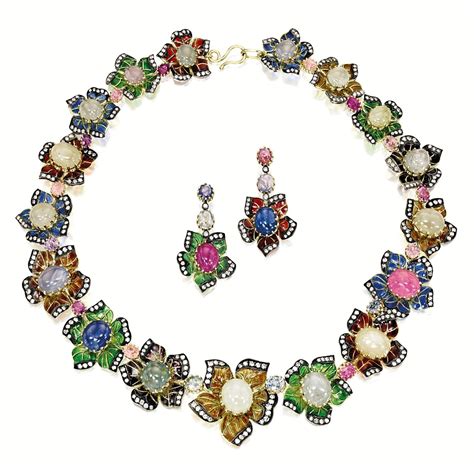 A Multicolored Sapphire Enamel And Diamond Necklace And Matching