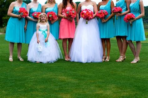 Wedding decorations colors make the theme of these events and wise decisions are to made especially by choosing wedding decoration colors should be a fun venture. Coral and Turquoise Wedding. Bridesmaids. Flower girl ...