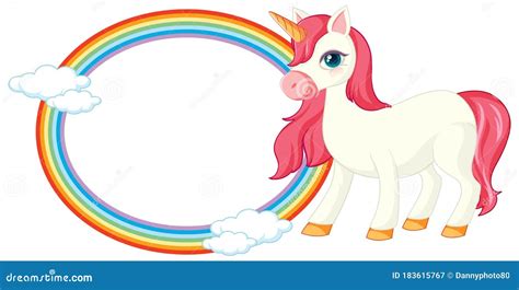 Cute Pink Unicorn In Standing Position With Rainbow Ring On White