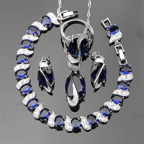 Silver 925 Natural Blue Stones Jewelry Sets For Women White Cz Ring