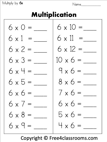 Free Multiplication Worksheets 6