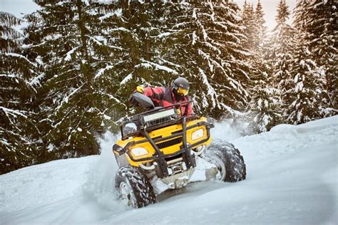 Winter Race On An Atv On Snow In The Forest Stock Photo Image Of