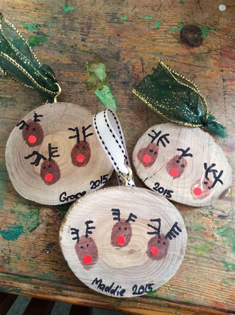 Christmas Ornaments Finger Print Reindeers On Wooden Discs Kids