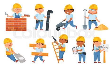 Cute Little Builders In Uniform Kids With Construction Tools Cartoon